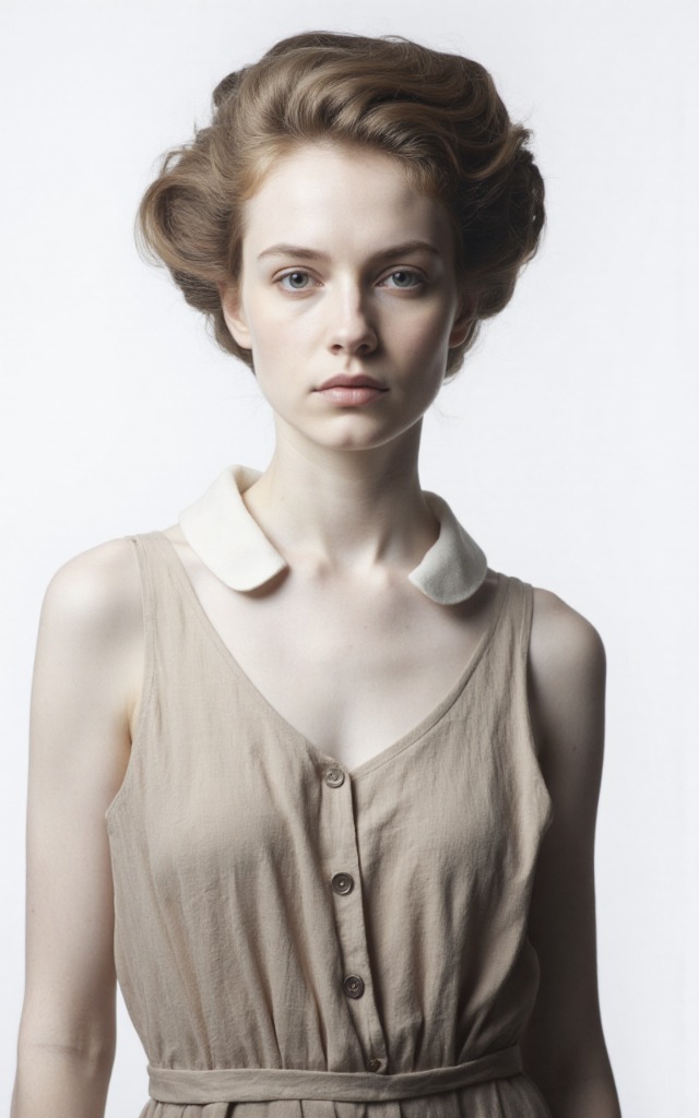 A French female model wearing a dress with an Open collar, white background, front   facing bust portrait